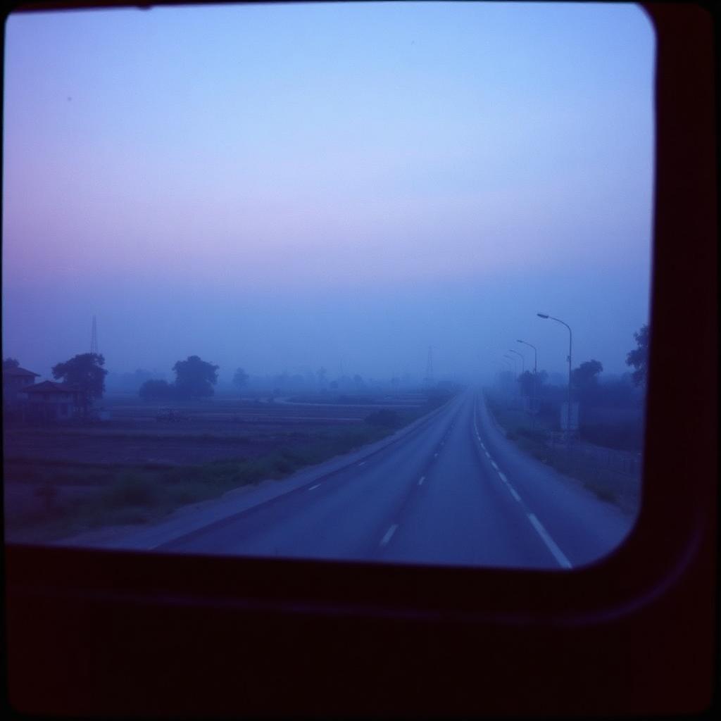 Countryside highway at dusk from a bus window