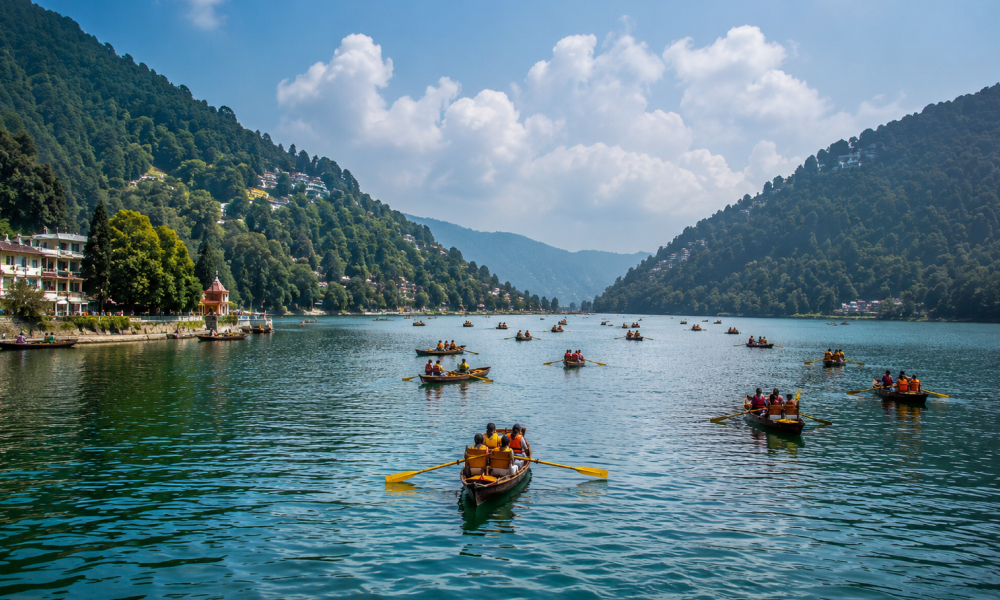 Families boating on Naini Lake surrounded by green hills in Nainital, Uttarakhand